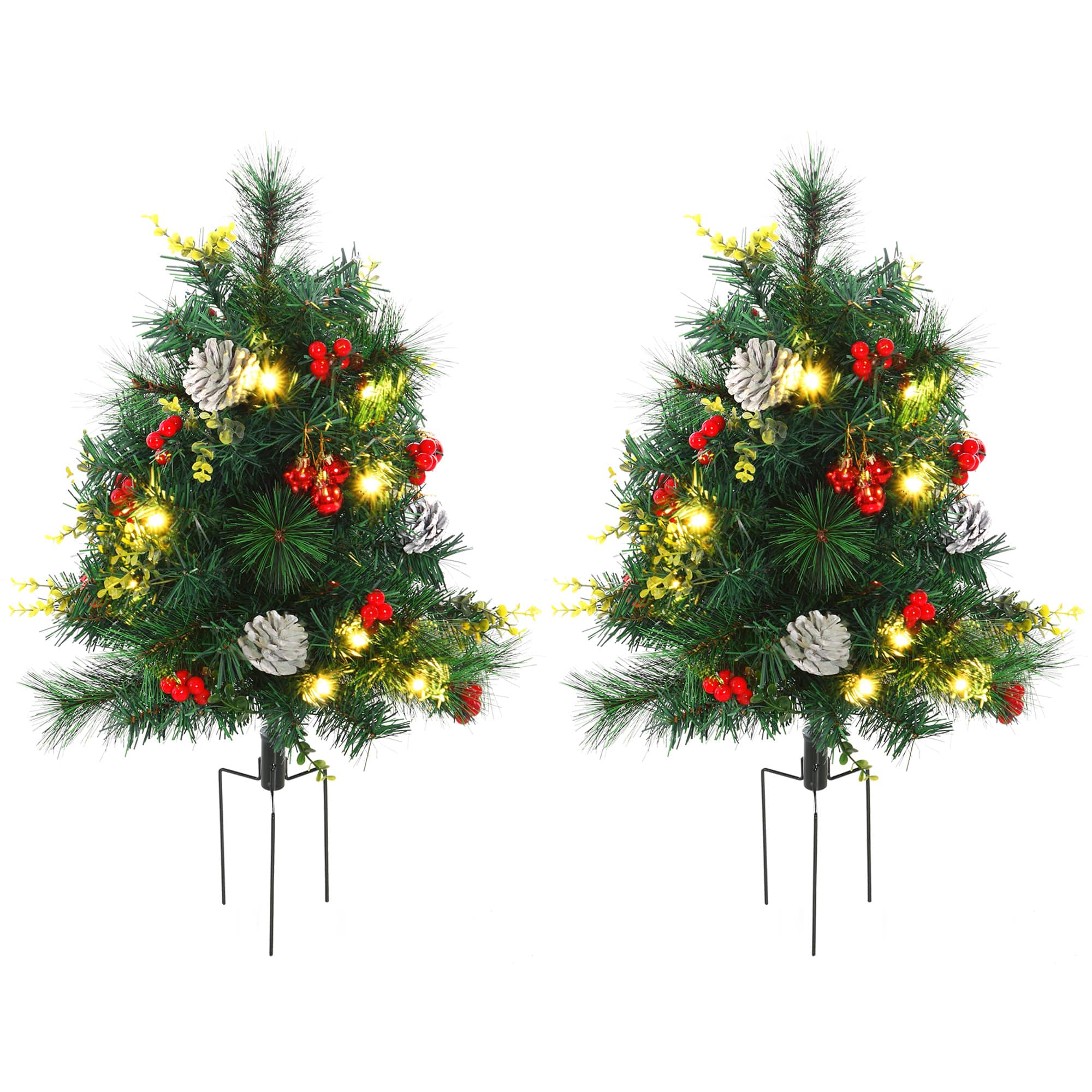 Homcom - 24in Christmas Tree 2-Pack Outdoor Pre-Lit Artificial Pine Cordless with 24 Warm White Lights and - Green