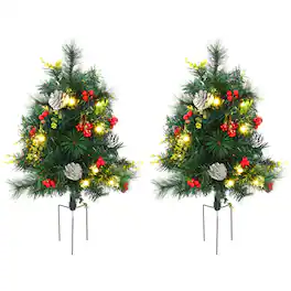 Homcom - 24in Christmas Tree 2-Pack Outdoor Pre-Lit Artificial Pine Cordless with 24 Warm White Lights and - Green