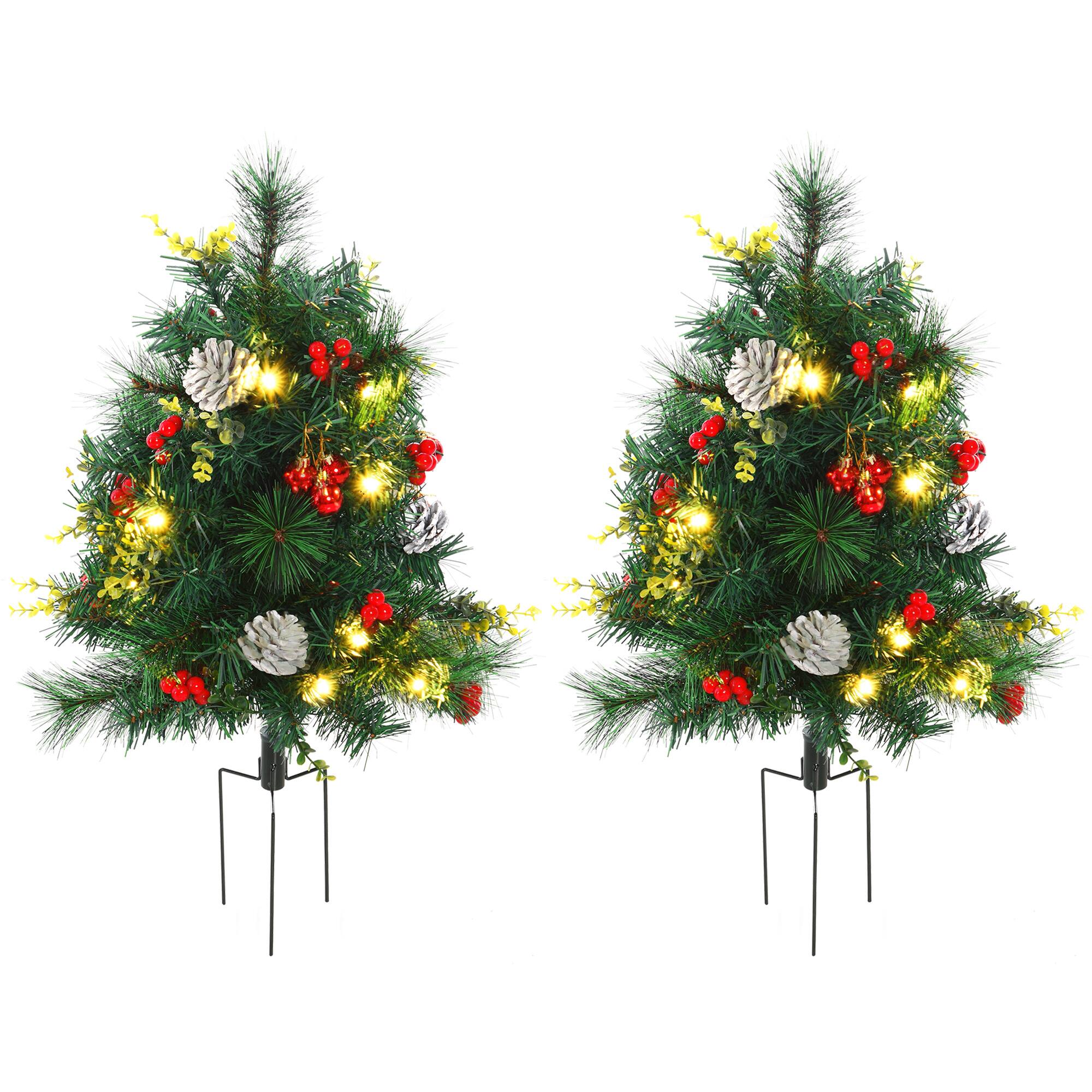 Front. Homcom - 24in Christmas Tree 2-Pack Outdoor Pre-Lit Artificial Pine Cordless with 24 Warm White Lights and - Green.