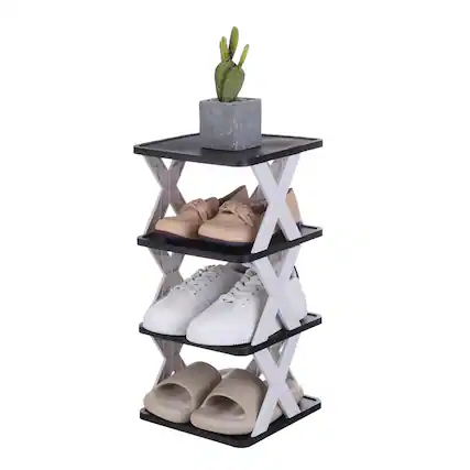Front. Unique Bargains - 4-Tier Plastic Shoe Rack, Vertical Stackable Folding Narrow Shelf for Closet Entryway Garage - White/Black.