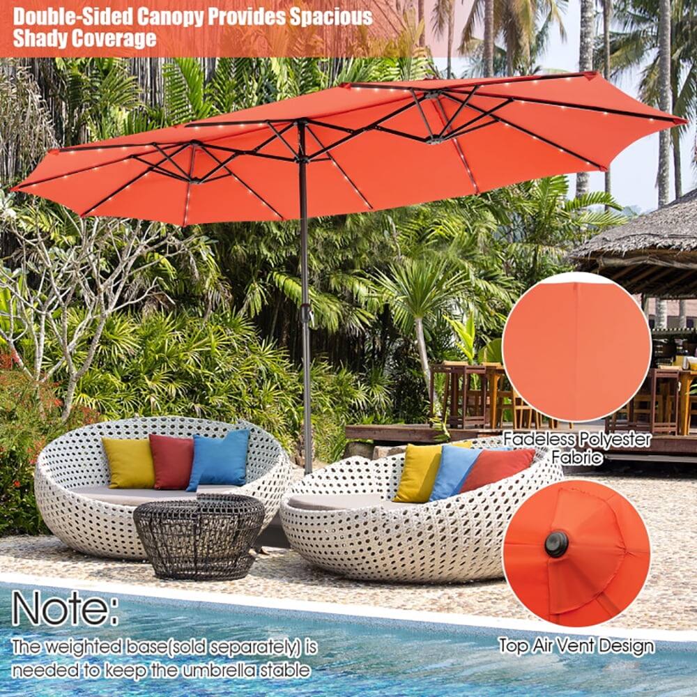 Double-Sided Canopy Provides Spacious Shady Coverage

Fadeless Polyester Fabric

Note: The weighted base (sold separately) is needed to keep the umbrella stable

Top Air Vent Design