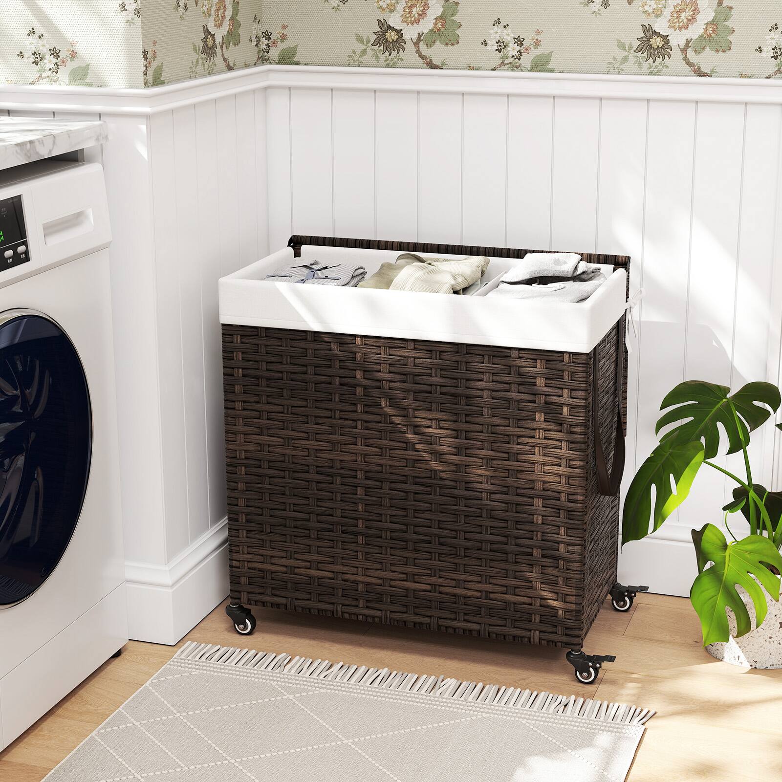 Alt View 1. Costway - Costway Laundry Hamper w/Wheels & Lid, 125L 3-Section Clothes Hamper w/2 Liner Bags - Brown.