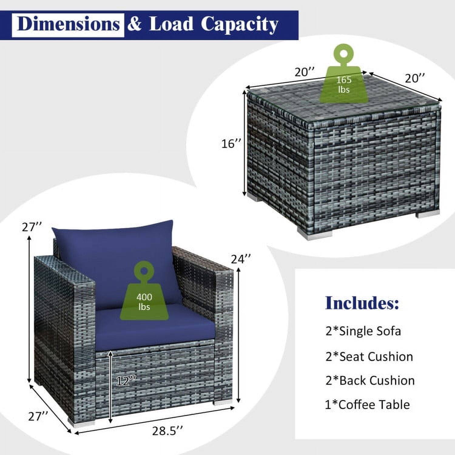 Dimensions & Load Capacity

- 20" x 20" x 16" - 165 lbs
- 27" x 28.5" x 24" - 400 lbs

Includes:
- 2*Single Sofa
- 2*Seat Cushion
- 2*Back Cushion
- 1*Coffee Table