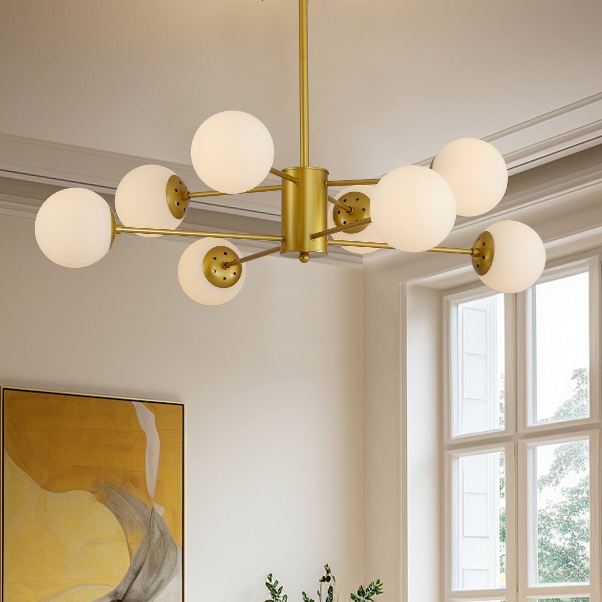 Back. Loheer - Loheer 35 Inch Gold Chandelier, Eight Light Mid Century Branching Ceiling Fixture with White Glass Globe Shades.