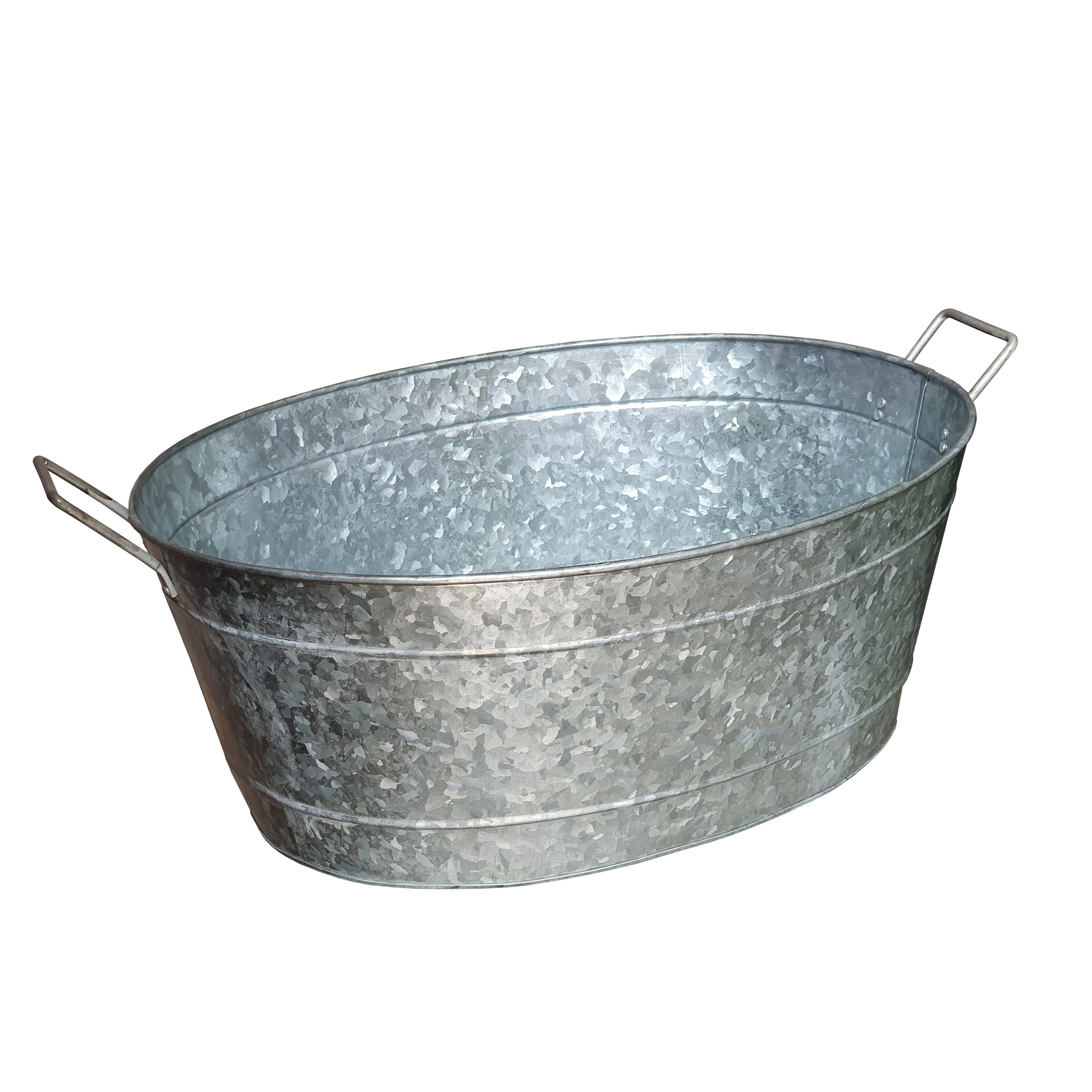 Front. Manhattan Lane - Lola Embossed Design Oval Shape Galvanized Steel Tub with Side Handles, Small - Silver.
