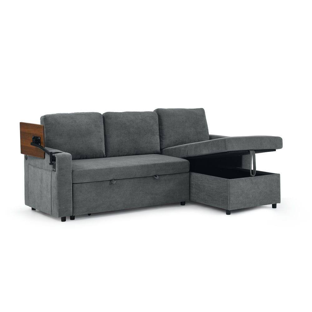 Alt View 4. Kadyn - Multi-Functional Chenille Sleeper Sofa, Retractable Table, LED Lights, USB Ports and Cup Holders, Gray - Gray.