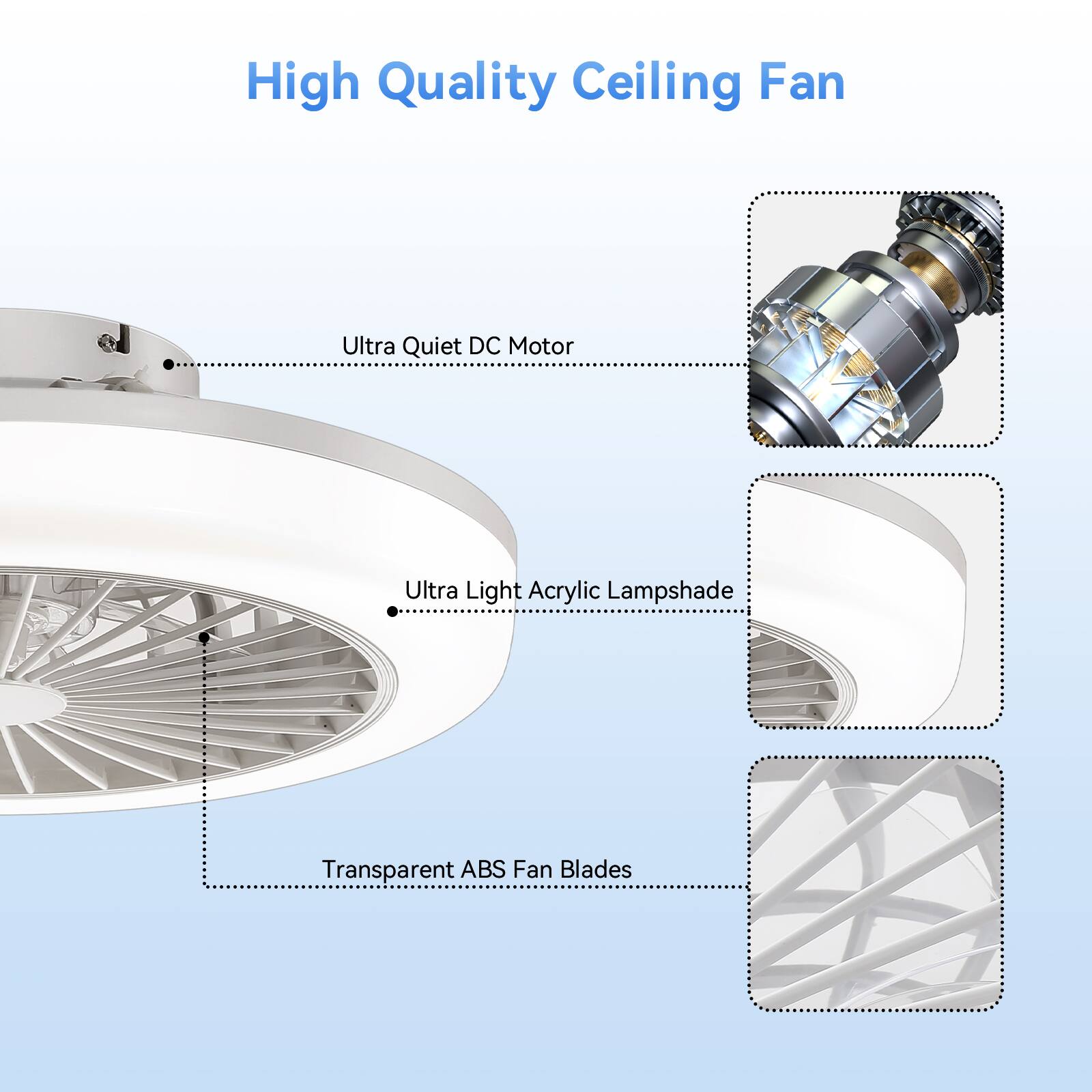 High Quality Ceiling Fan
- Ultra Quiet DC Motor
- Ultra Light Acrylic Lampshade
- Transparent ABS Fan Blades