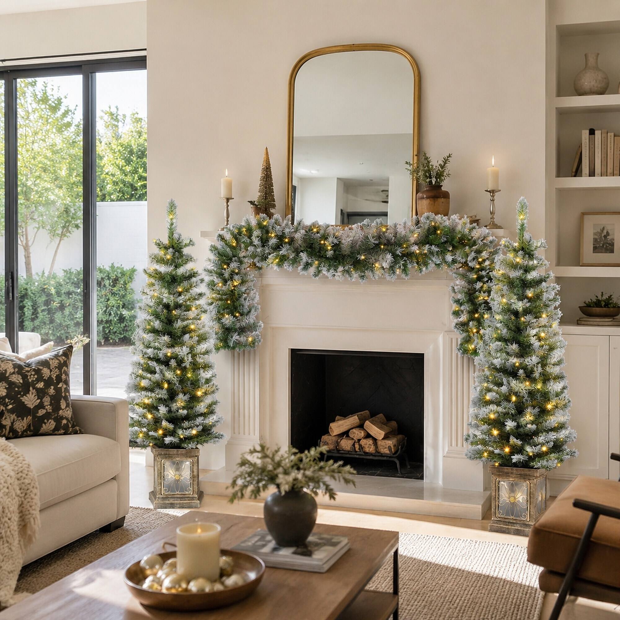Back. RYHNUYNE - 3-Piece Artificial Christmas Decor Set, Wreath 2 Entrance Trees LED Lights Easy Assembly Xmas Display - White+Green.