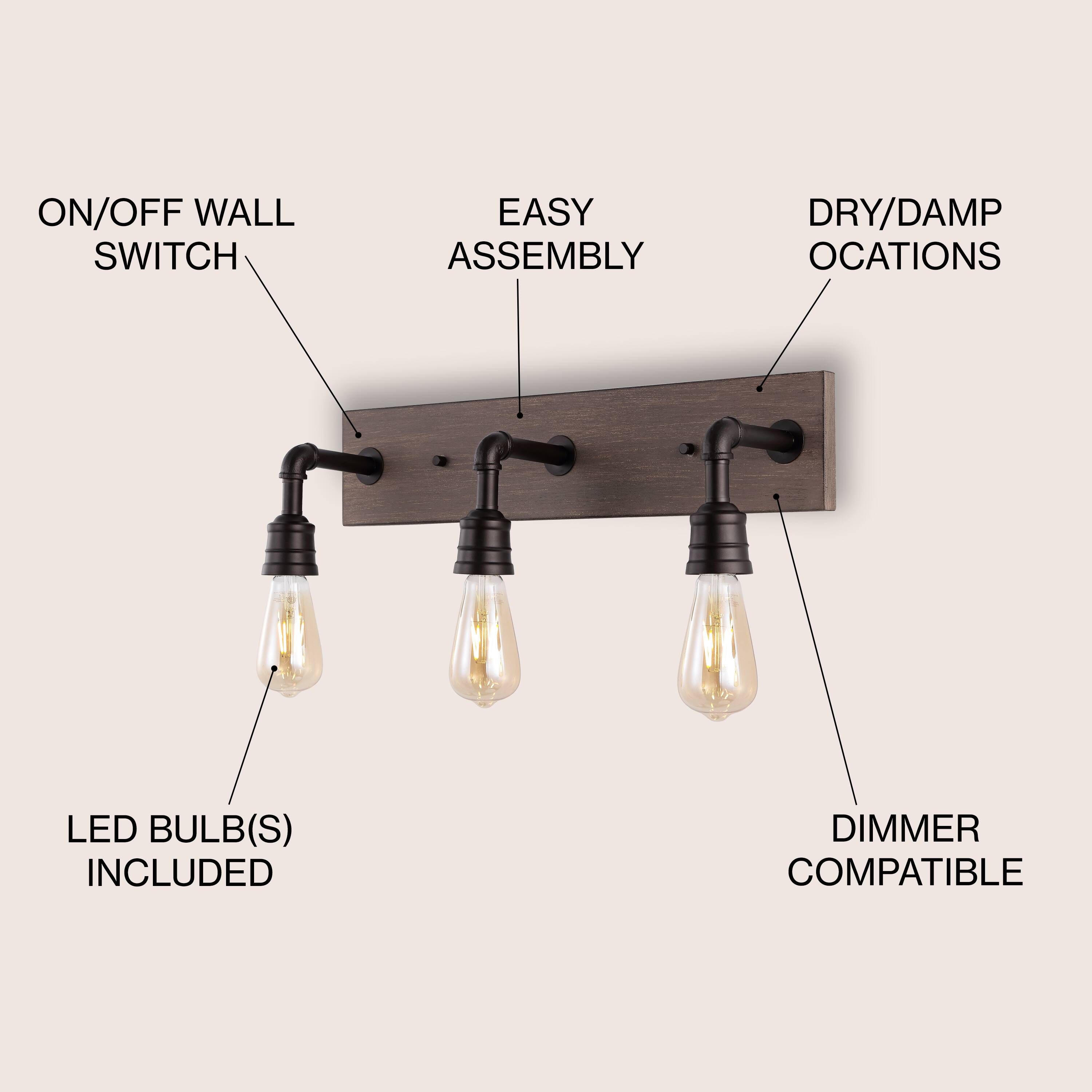 ON/OFF WALL SWITCH  
EASY ASSEMBLY  
DRY/DAMP LOCATIONS  
LED BULB(S) INCLUDED  
DIMMER COMPATIBLE