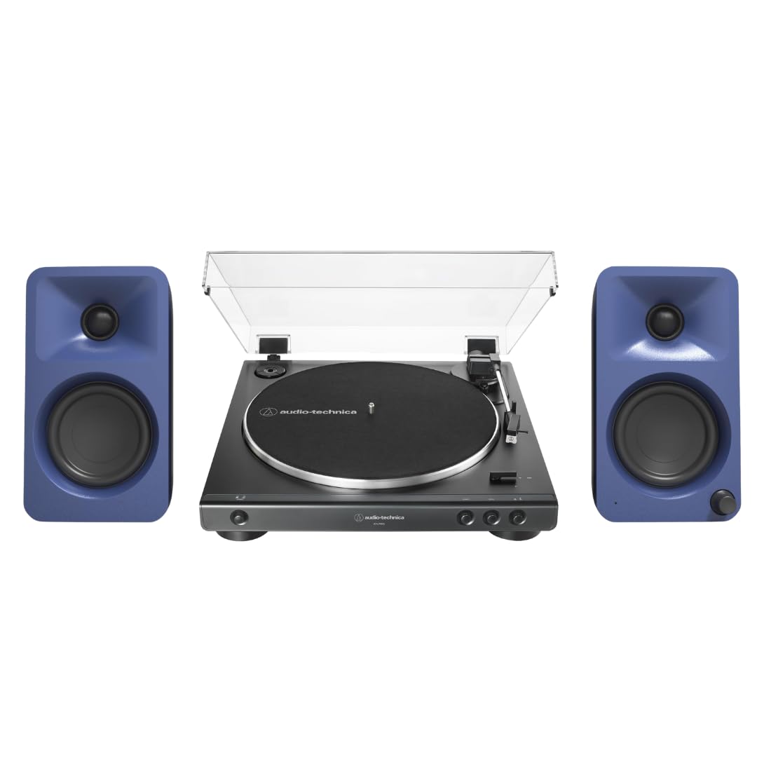 Kanto - ORAME 100W Powered Reference Desktop Computer Speakers (Indigo) with 60X-BK Fully Belt-Drive Turntable - Bundle - Blue
