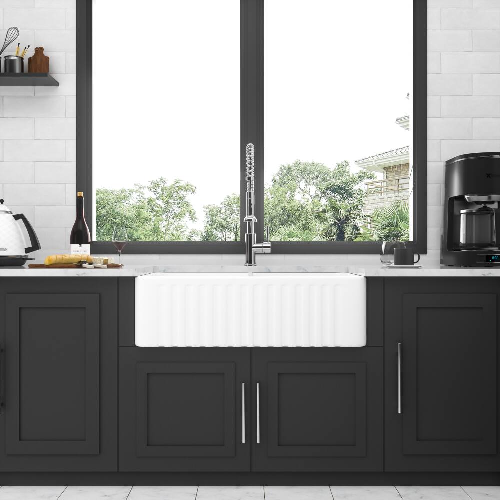 Left. JUJABU - 33 x 18 x 10 In. White Ceramic Farmhouse Kitchen Sink Apron Front Double Bowl 50/50 - White.