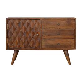 Artisan Furniture - Solid Wood Carved Chestnut Sideboard, 3 Drawers, 1 Door - Dark Brown