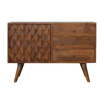 Front. Artisan Furniture - Artisan Furniture Solid Wood Carved Chestnut Sideboard, 3 Drawers, 1 Door, Dark Brown - Dark Brown.