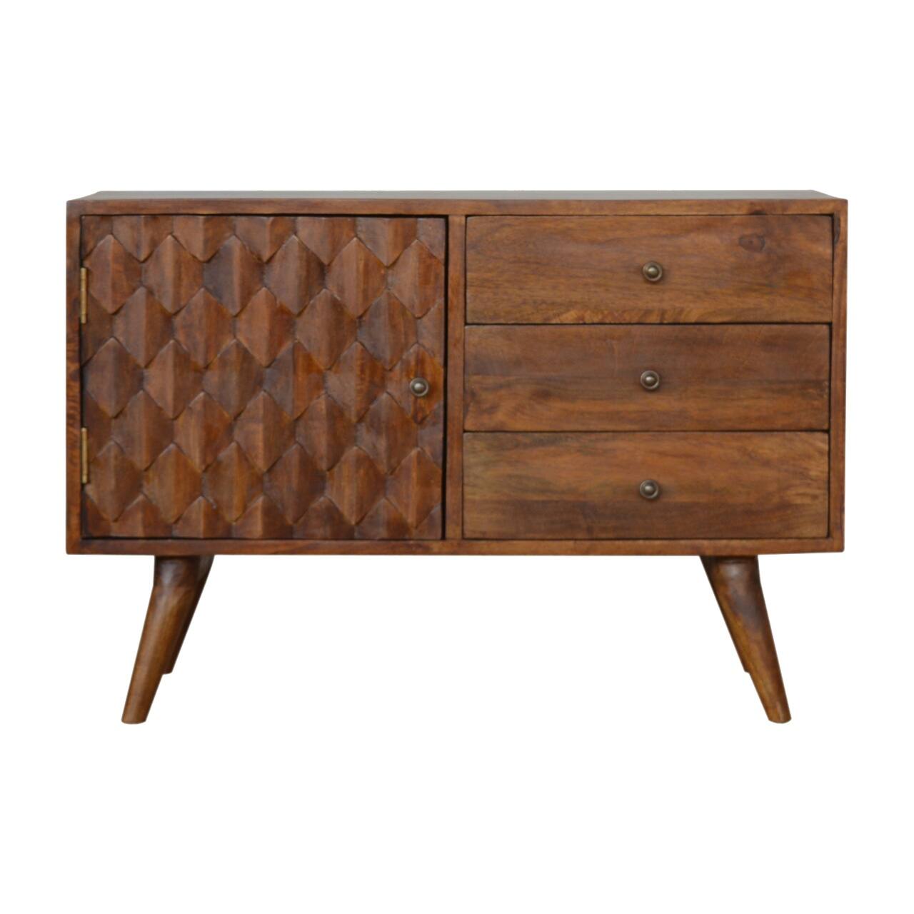 Front. Artisan Furniture - Artisan Furniture Solid Wood Carved Chestnut Sideboard, 3 Drawers, 1 Door, Dark Brown - Dark Brown.