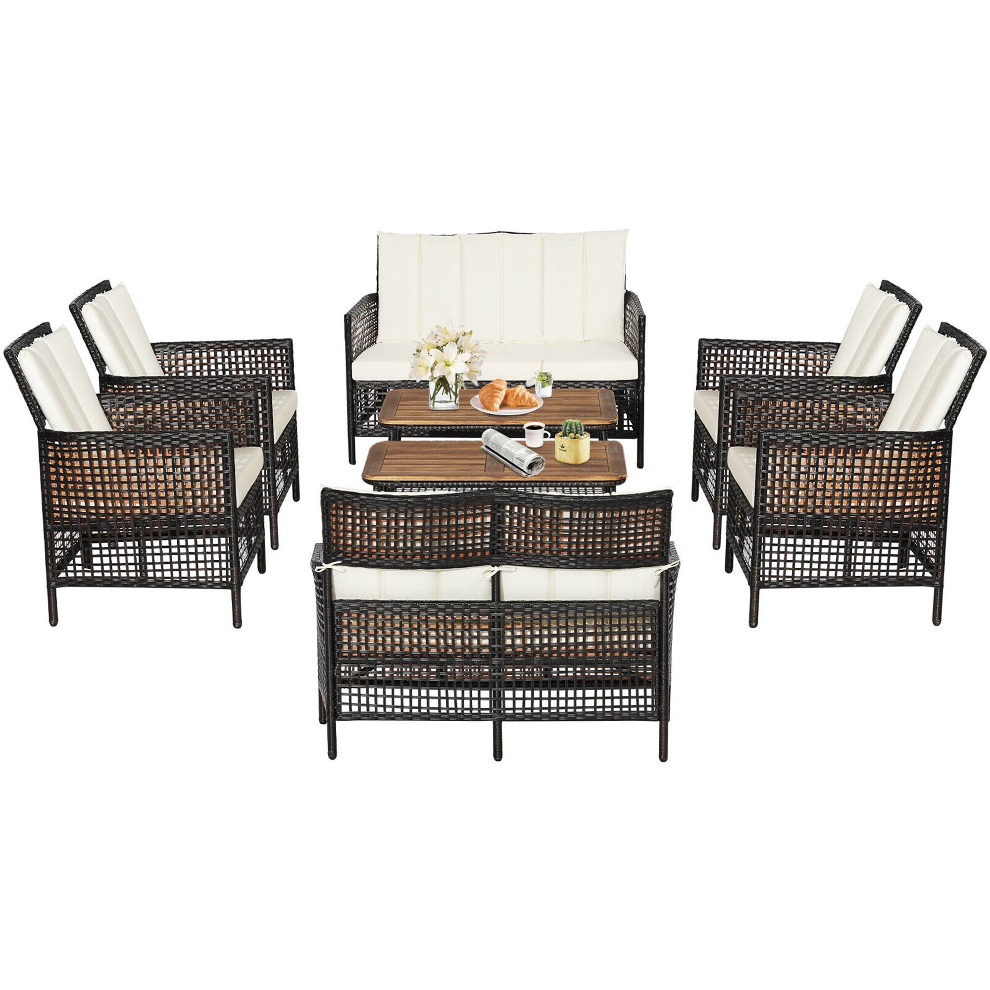 Gymax - 8PCS Cushioned Patio PE Wicker Conversation Furniture Set w/ Acacia Wood Tabletop - Off White price history on PriceWatchPro