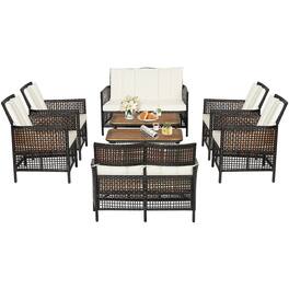 Gymax - 8PCS Cushioned Patio PE Wicker Conversation Furniture Set w/ Acacia Wood Tabletop - Off White
