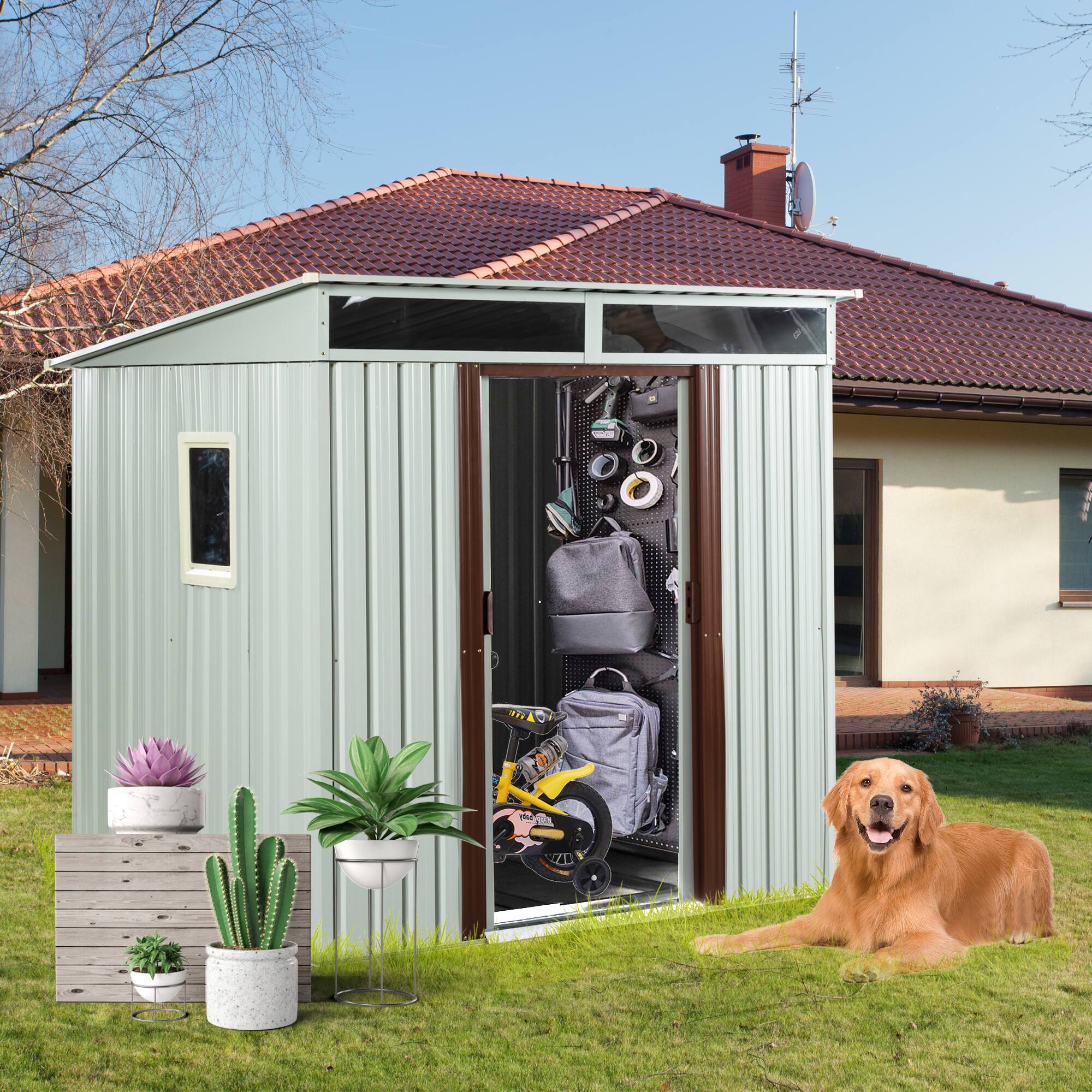 Left. Mondawe - 6ft x 5ft Outdoor Metal Storage Shed with Window and Metal Foundation - White.