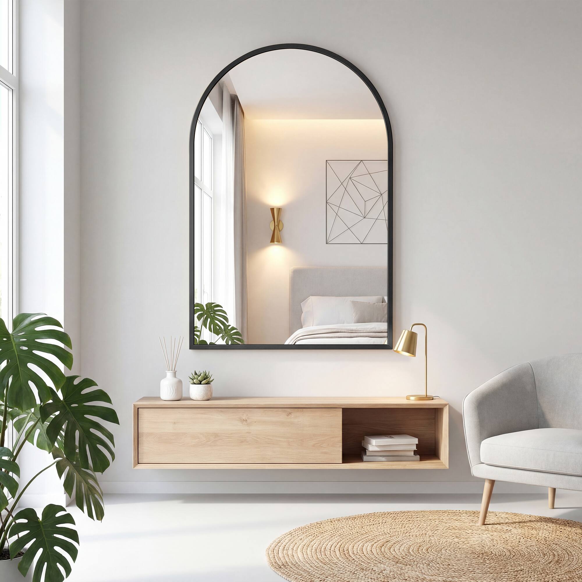 Alt View 2. Sweetcrispy - 26" x 38" Arch Framed Bathroom Wall Mirror, Shatterproof Vanity Mirror, Anti-Rust, Hanging or Leaning - Black.