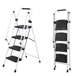 ELEMENT ACE - Four-Step Folding Safety Ladder with Anti-Skid Pedals and Ergonomic Handle for Office Use - White