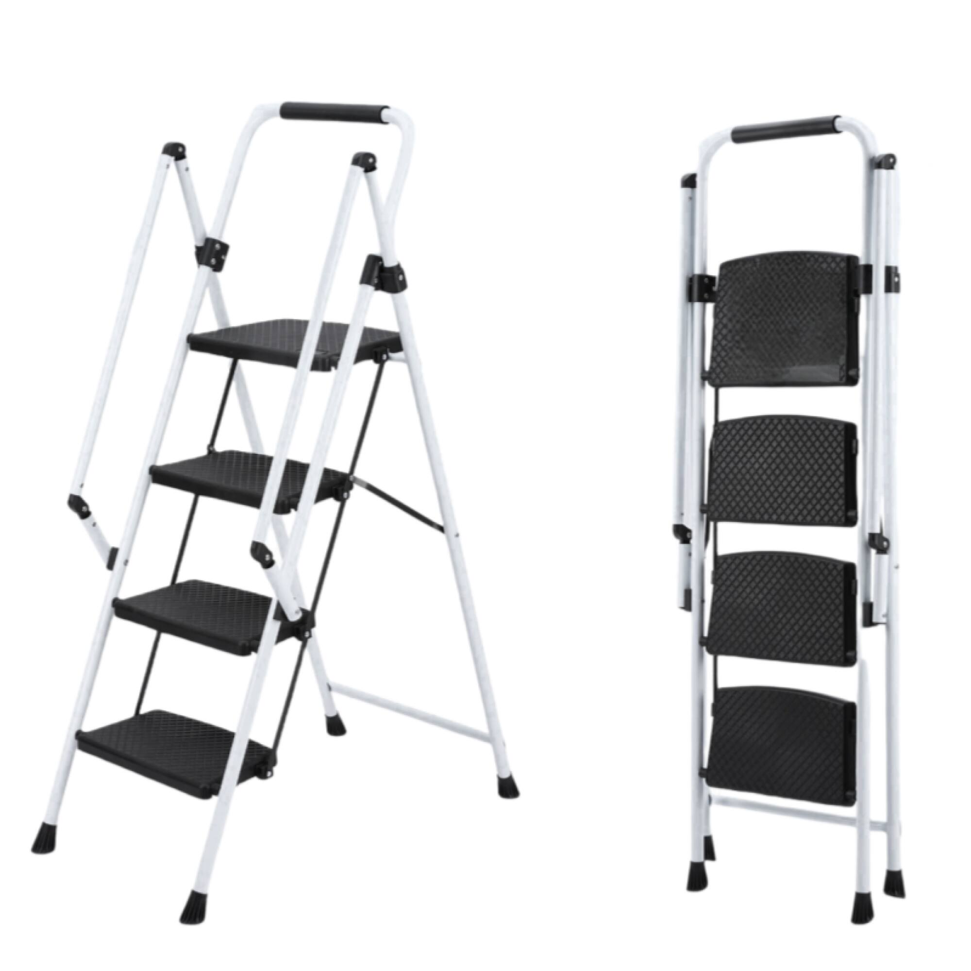 Front. ELEMENT ACE - Four-Step Folding Safety Ladder with Anti-Skid Pedals and Ergonomic Handle for Office Use - White.