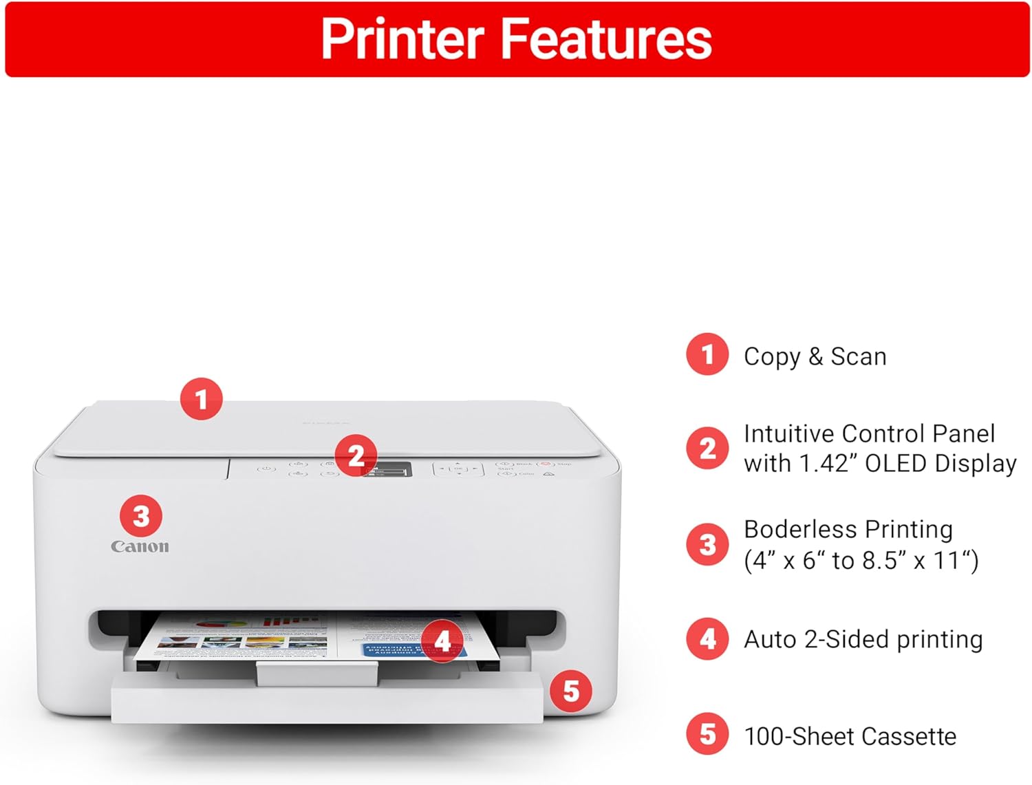 Printer Features

1. Copy & Scan
2. Intuitive Control Panel with 1.42" OLED Display
3. Borderless Printing (4" x 6" to 8.5" x 11")
4. Auto 2-Sided printing
5. 100-Sheet Cassette