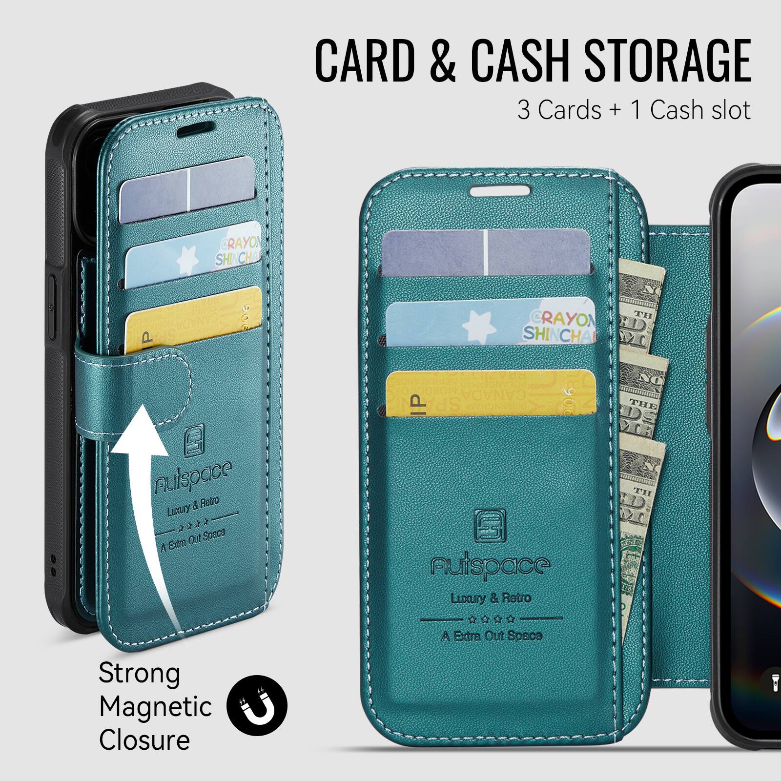 CARD & CASH STORAGE  
3 Cards + 1 Cash slot  

RAYO SHI CH  
CRAYON SHINCHA  

puispace  
Luxury & Retro  
A Extra Out Space  

Strong Magnetic Closure