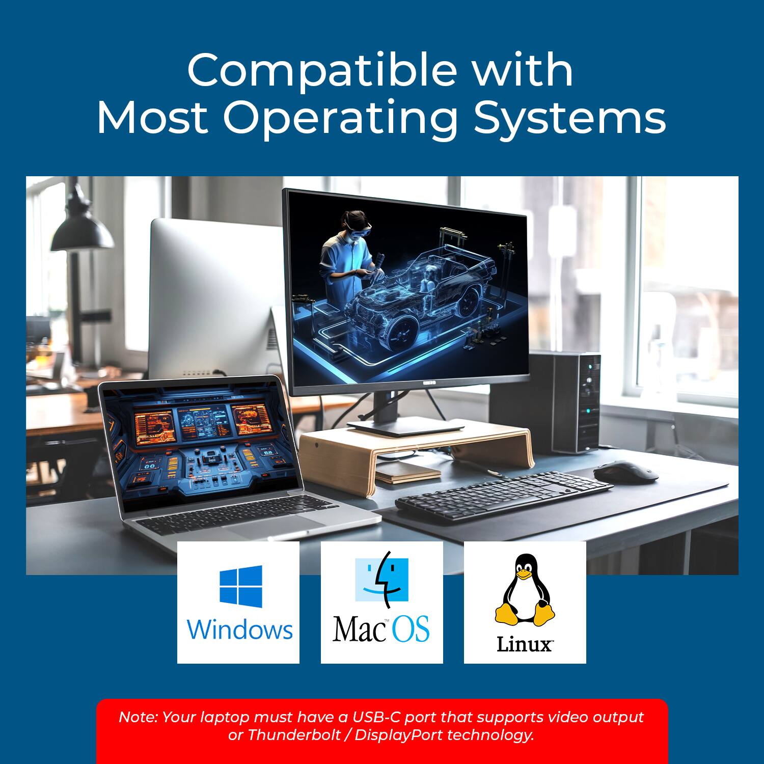 Compatible with Most Operating Systems

- Windows
- macOS
- Linux

Note: Your laptop must have a USB-C port that supports video output or Thunderbolt/DisplayPort technology.