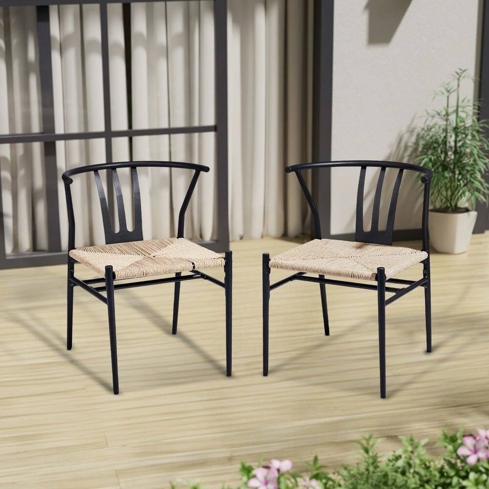 Alt View 2. Resenkos - Resenkos Mid-Century Modern Weave Dining Chairs With Metal Rattan, 4-Piece Set, Black& Wood Color - Black& Wood Color.