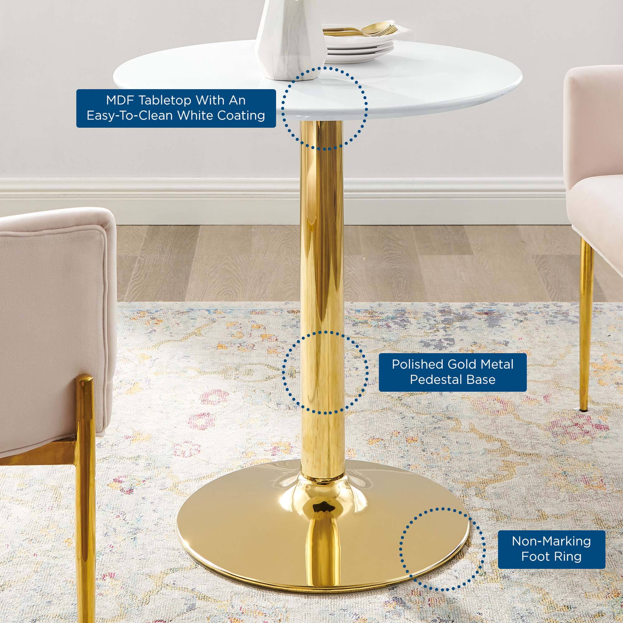 - MDF Tabletop With An Easy-To-Clean White Coating
- Polished Gold Metal Pedestal Base
- Non-Marking Foot Ring