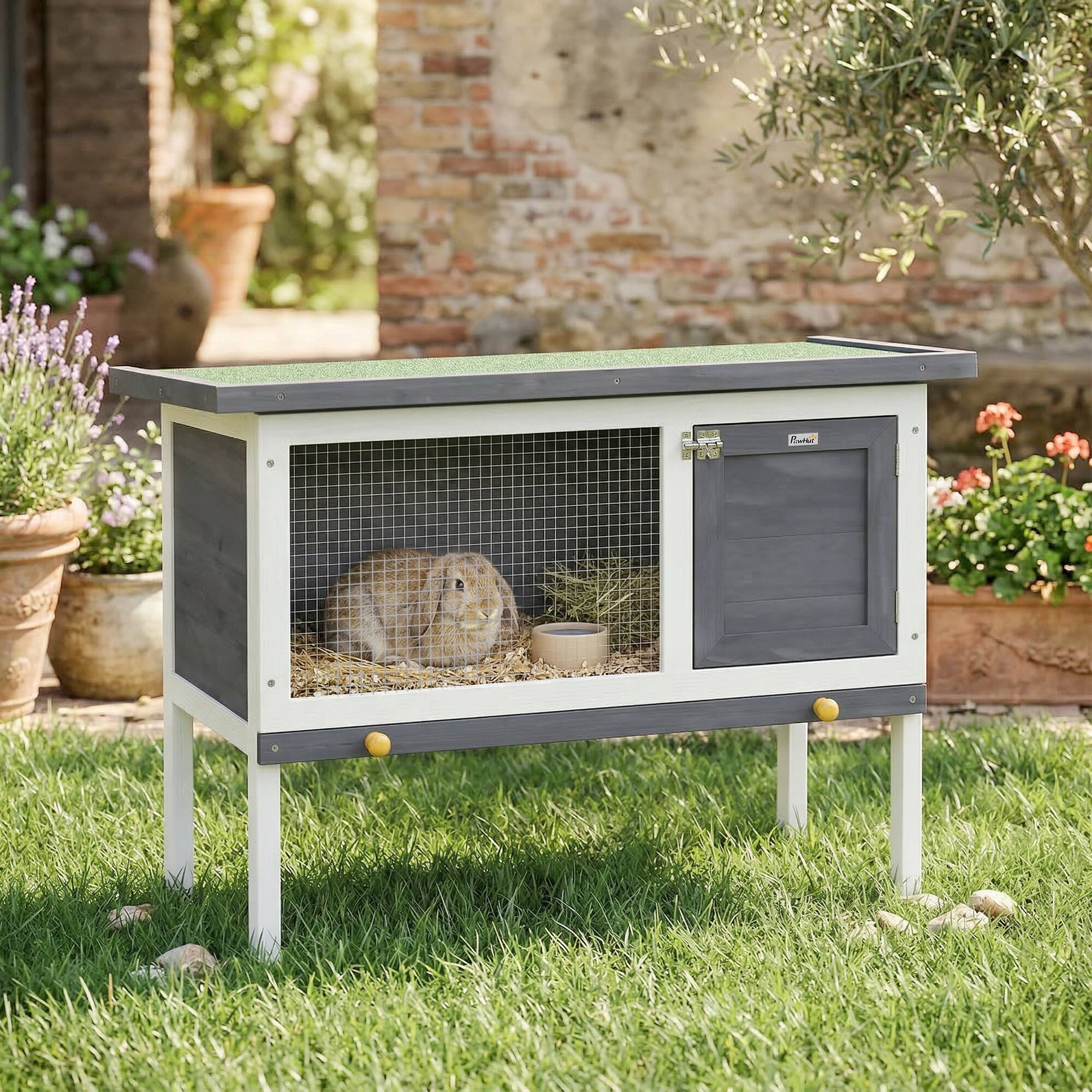 Alt View 1. Pawhut - Rabbit Hutch, Guinea Pig Hutch with Asphalt Roof - Gray.