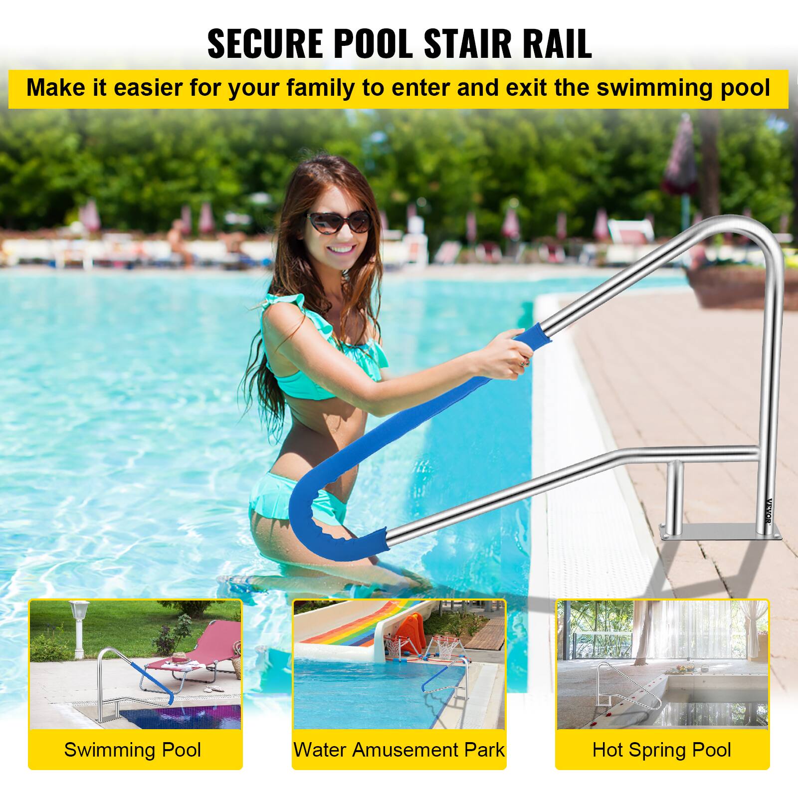 SECURE POOL STAIR RAIL  
Make it easier for your family to enter and exit the swimming pool  

Swimming Pool  
Water Amusement Park  
Hot Spring Pool