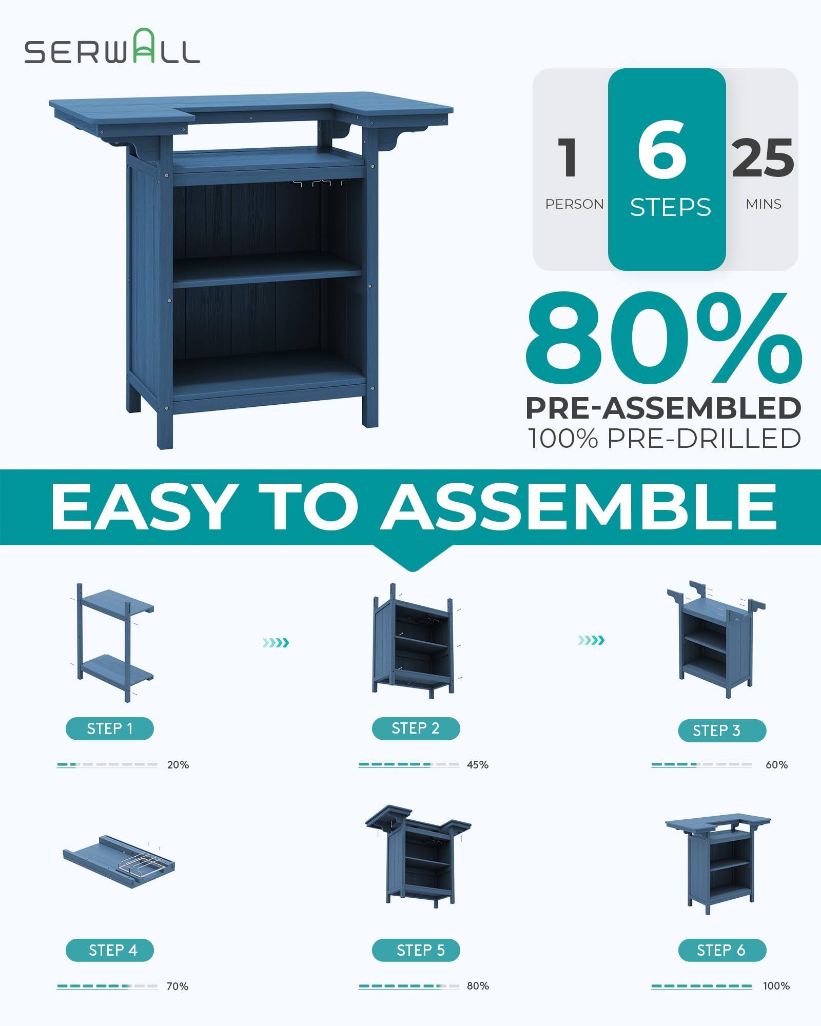 SERWALL

1 PERSON 6 STEPS 25 MINS

80% PRE-ASSEMBLED 100% PRE-DRILLED EASY TO ASSEMBLE

STEP 1 20%
STEP 2 45%
STEP 3 60%
STEP 4 70%
STEP 5 80%
STEP 6 100%