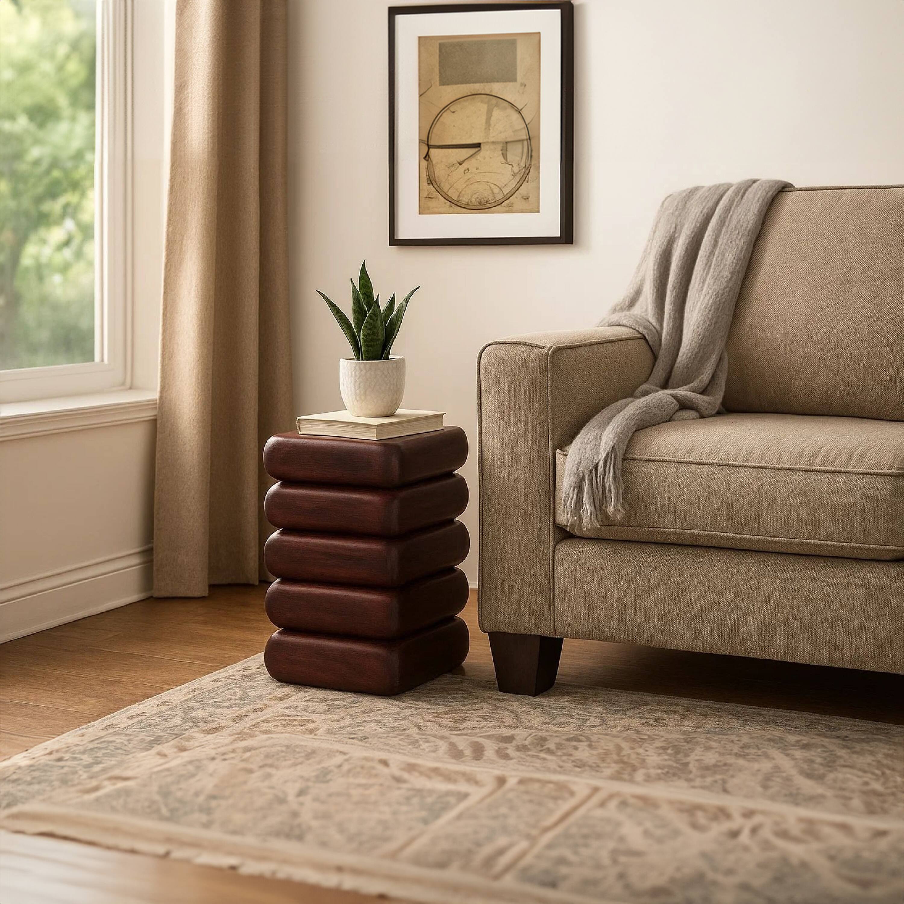 Alt View 6. Manhattan Lane - Zyra 18" Side End Table | Sculptural Stacked Design | Acacia Wood - Dark Cherry Brown.