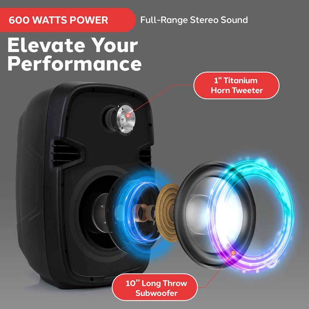 600 WATTS POWER  
Full-Range Stereo Sound  
Elevate Your Performance  

1" Titanium Horn Tweeter  

10" Long Throw Subwoofer