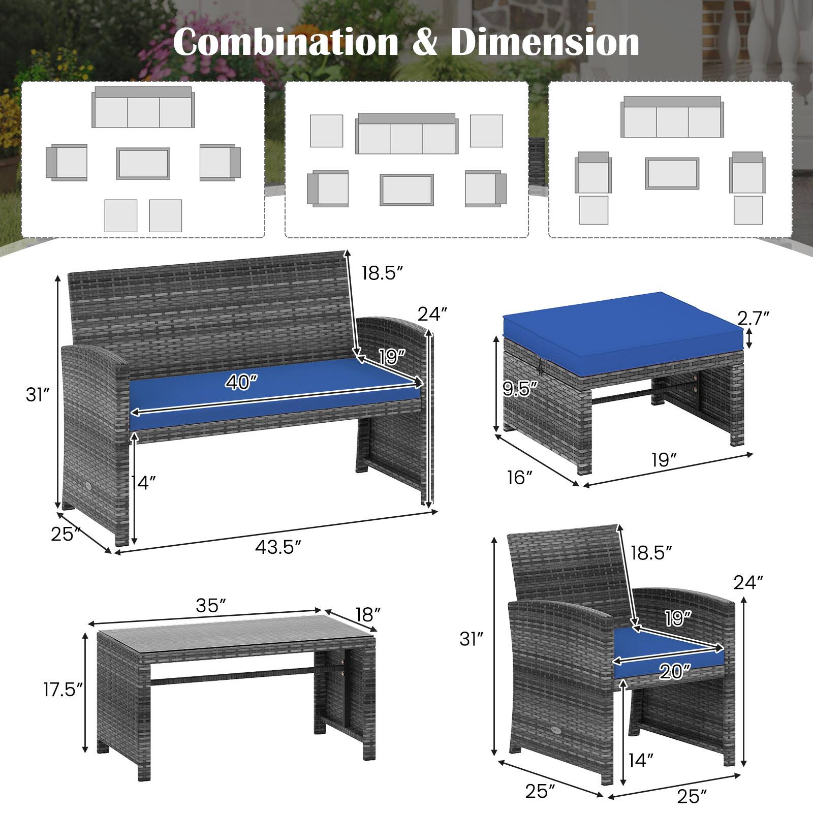 Combination & Dimension

18.5" 31" 40" 24" 19" 9.5" 2.7"  4" 16" 18" 35" 43.5" 17.5" 20" 24" 14" 25" 25"