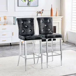 Loheer - Vintage Crocodile Faux Leather Bar Chairs Set of 2 Crystal Tufted Tall Dining Stools 1.8x1.4x3.8 ft - Black