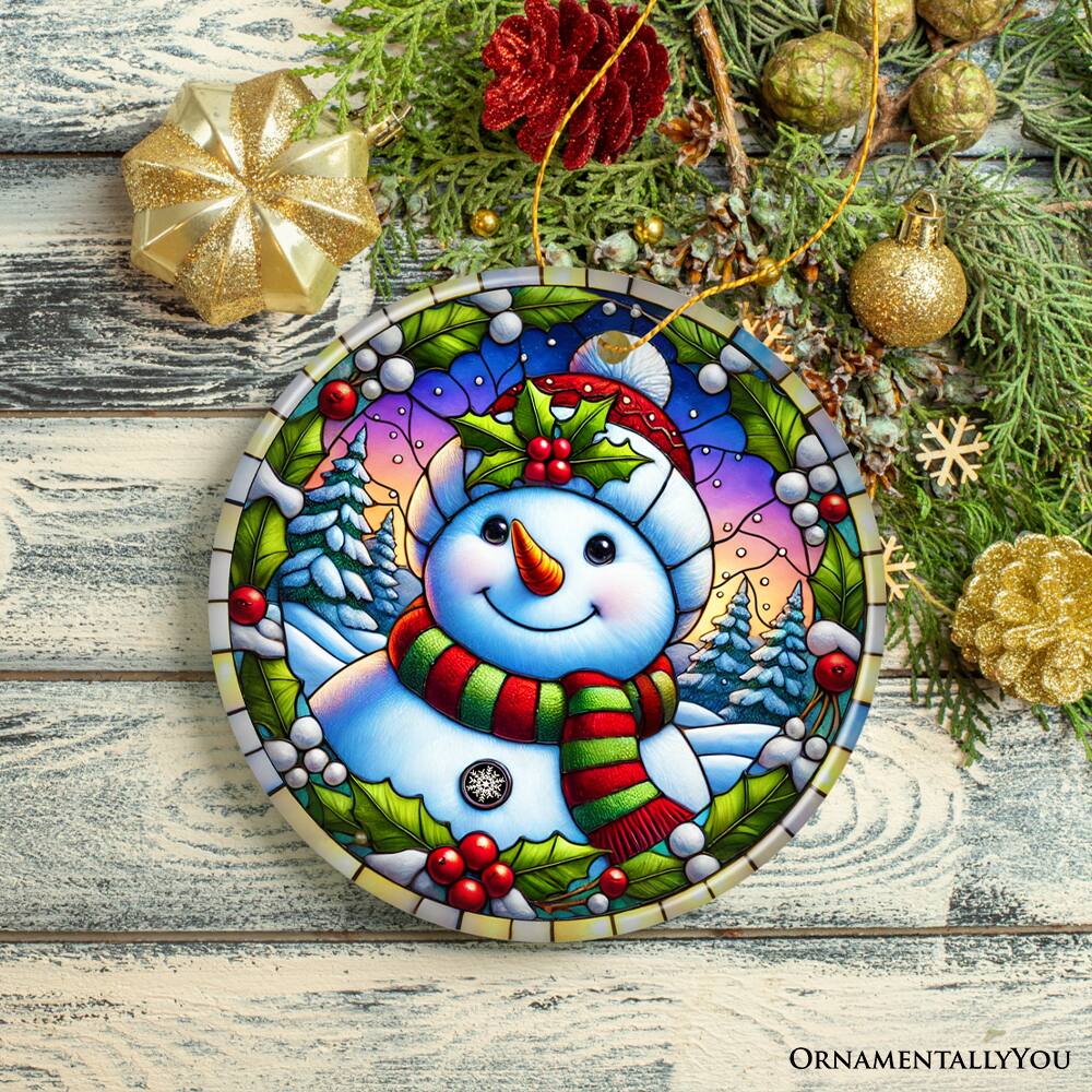 Back. OrnamentallyYou - Frosty and Holly Snowman Ornament Gift and Decor for Cheerful Winter Christmas Tree Version 3 - Multi-colored.