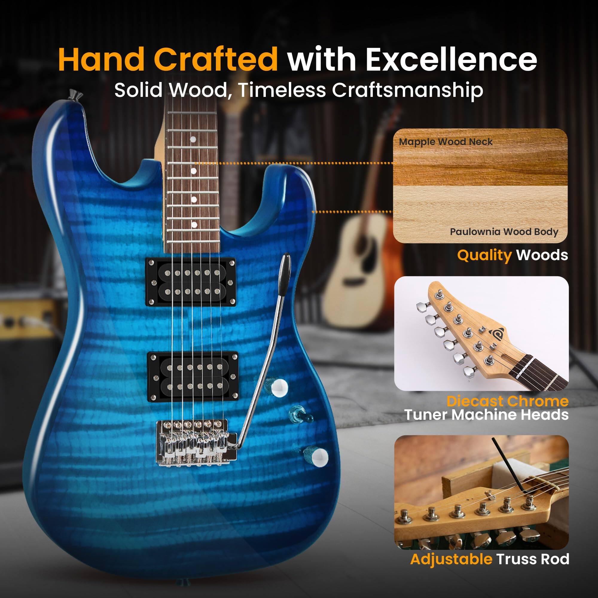 Hand Crafted with Excellence  
Solid Wood, Timeless Craftsmanship  

Maple Wood Neck  
Paulownia Wood Body  
Quality Woods  

Diecast Chrome Tuner Machine Heads  
Adjustable Truss Rod