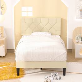 Vecelo - Twin Size Bed Frame with Button Tufted Headboard,Upholstered Platform Bedframe with Wood Slat Support - Beige