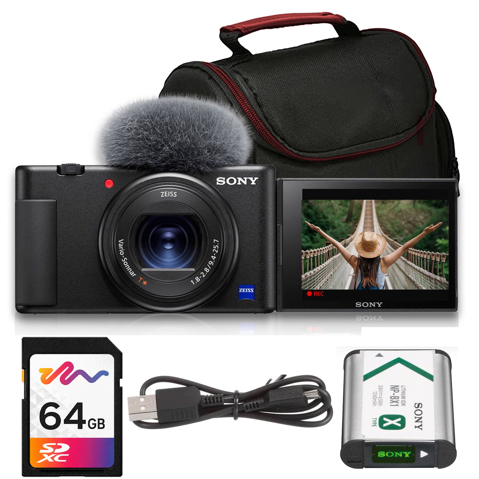 Bundle - Sony - ZV-1 Digital Camera (Black) (DCZV1/B) + 64GB Card + Camera Bag