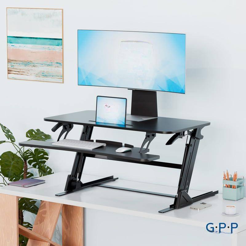 Alt View 1. Hirose Alice - Standing Desk Converter – Wide Stand Up Desk Riser – Quick Sit to Stand Tabletop Dual Monitor Workstation –... - 36".