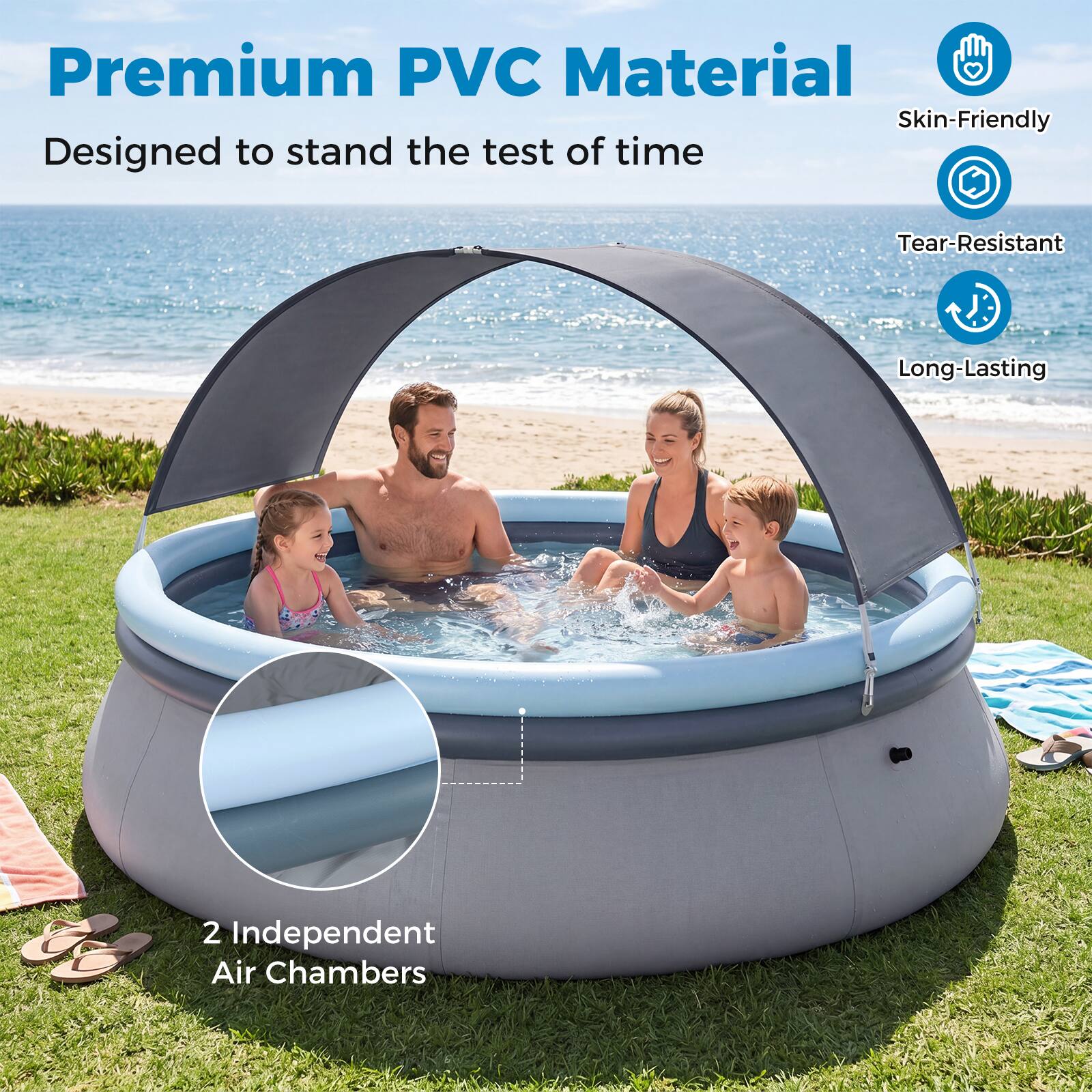 Premium PVC Material  
Designed to stand the test of time  
Skin-Friendly  
Tear-Resistant  
Long-Lasting  
2 Independent Air Chambers