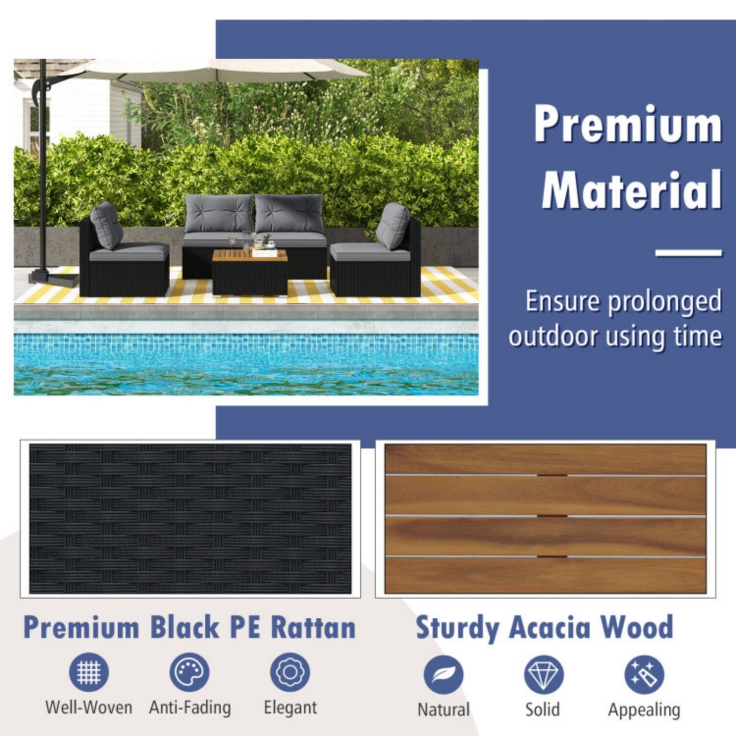 Premium Material  
Ensure prolonged outdoor using time

Premium Black PE Rattan  
- Well-Woven  
- Anti-Fading  
- Elegant

Sturdy Acacia Wood  
- Natural  
- Solid  
- Appealing