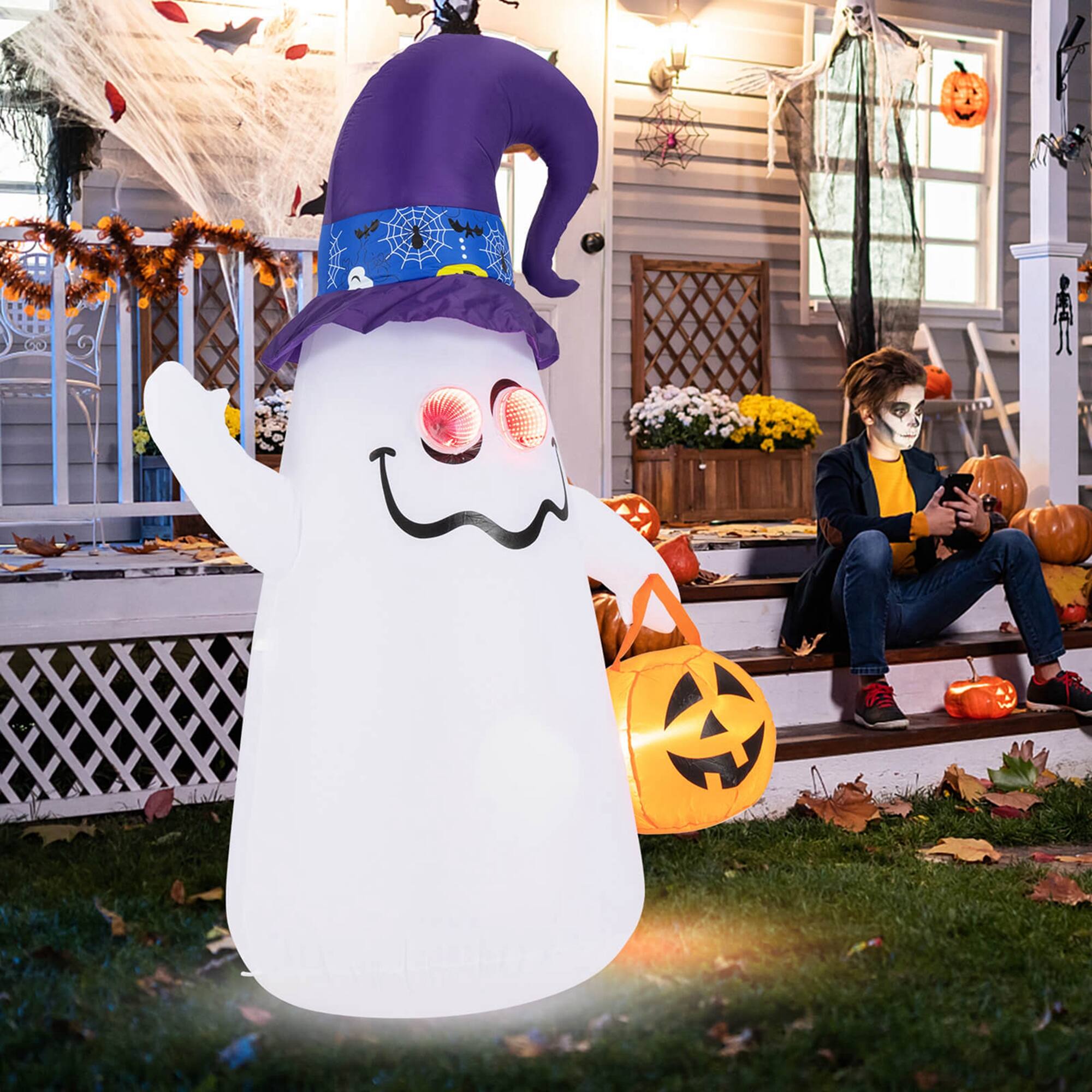 Alt View 5. Costway - Costway 6 FT Halloween Inflatables Cute Ghost with Jack-O-Lantern & Witch Hat - White.