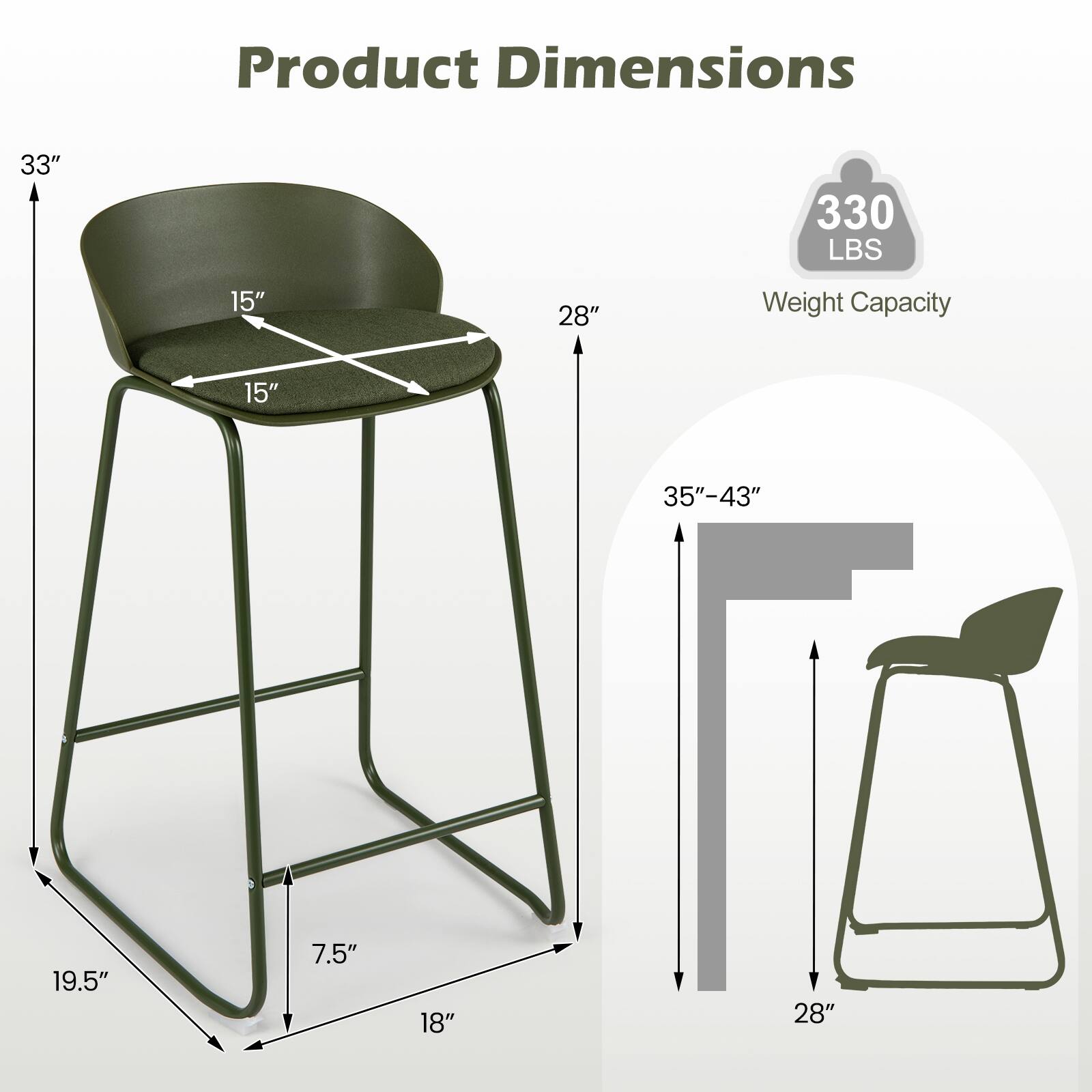 Product Dimensions  
33"  
330 LBS  
15"  
28"  
15"  
35"-43"  
19.5"  
7.5"  
18"  
28"