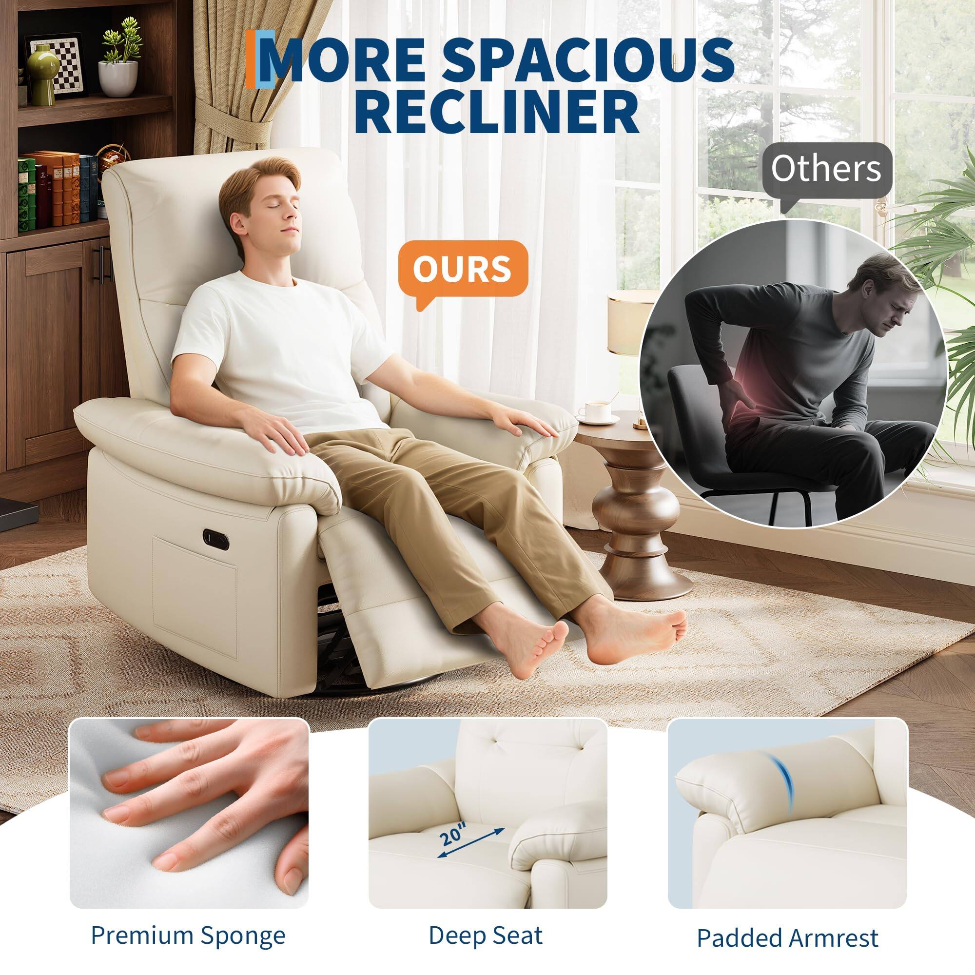 MORE SPACIOUS RECLINER

OURS

Premium Sponge
Deep Seat (20")
Padded Armrest

Others