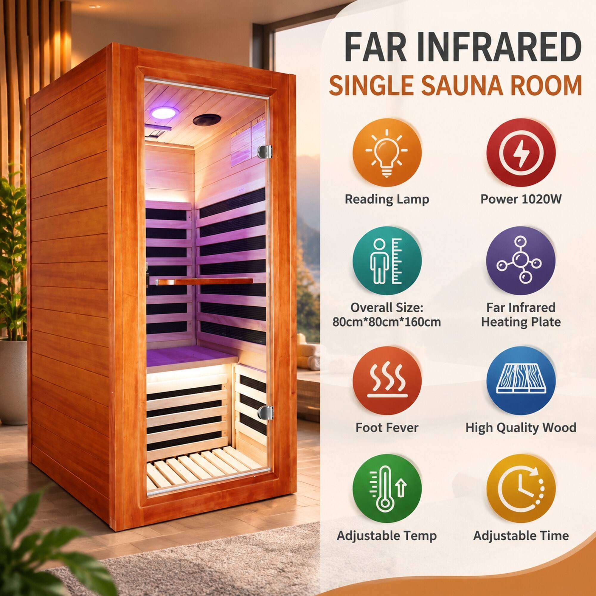 FAR INFRARED SINGLE SAUNA ROOM

- Reading Lamp
- Power 1020W
- Overall Size: 80cm*80cm*160cm
- Far Infrared Heating Plate
- Foot Fever
- High Quality Wood
- Adjustable Temp
- Adjustable Time