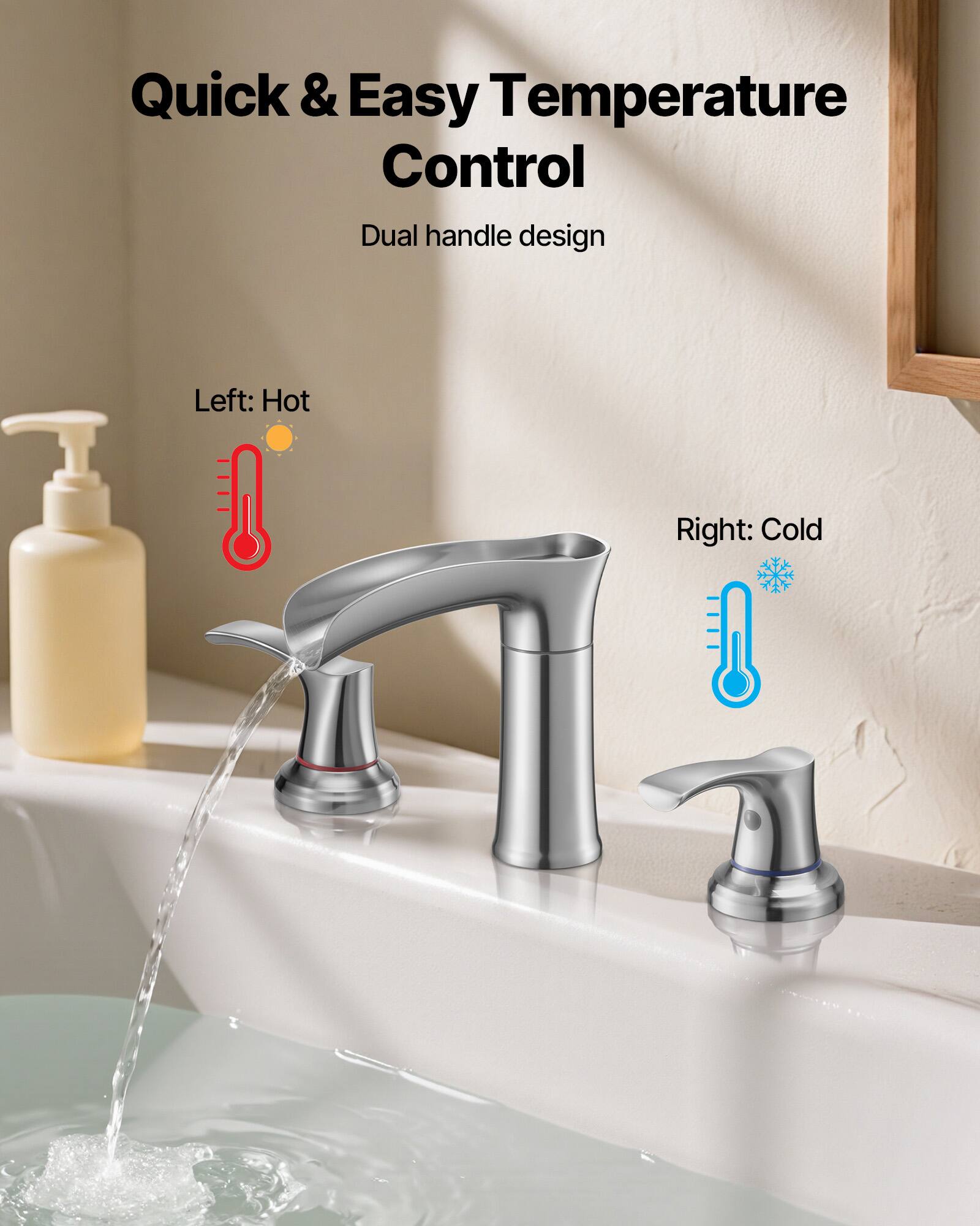 Quick & Easy Temperature Control  
Dual handle design  

Left: Hot  
Right: Cold