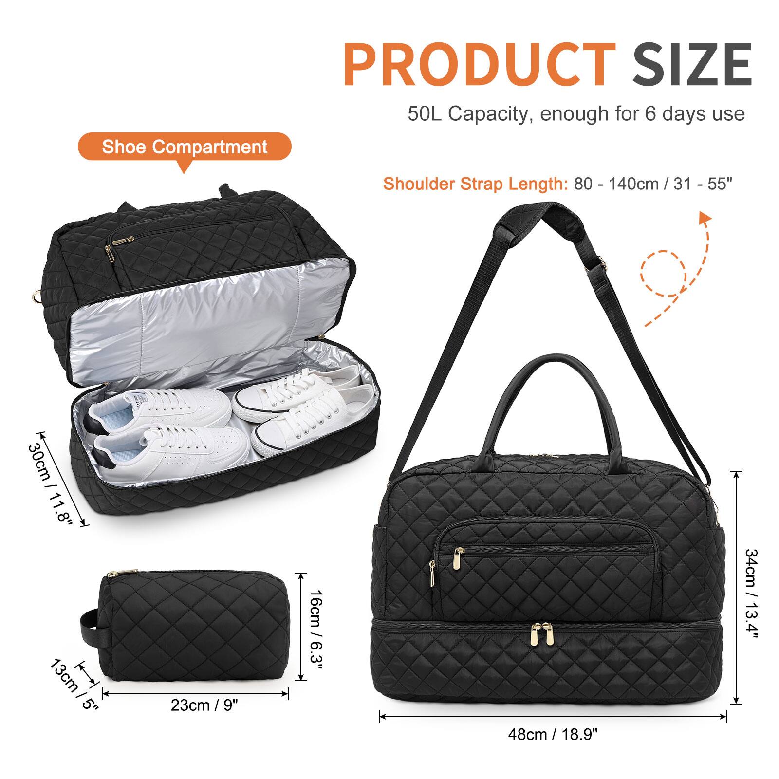 PRODUCT SIZE  
50L Capacity, enough for 6 days use  

Shoe Compartment  
Shoulder Strap Length: 80 - 140cm / 31 - 55"  

- 30cm / 11.8"  
- 16cm / 6.3"  
- 23cm / 9"  
- 48cm / 18.9"  
- 34cm / 13.4"  
- 13cm / 5"
