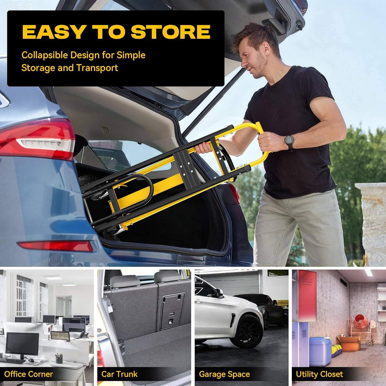 EASY TO STORE  
Collapsible Design for Simple Storage and Transport  

Office Corner  
Car Trunk  
Garage Space  
Utility Closet